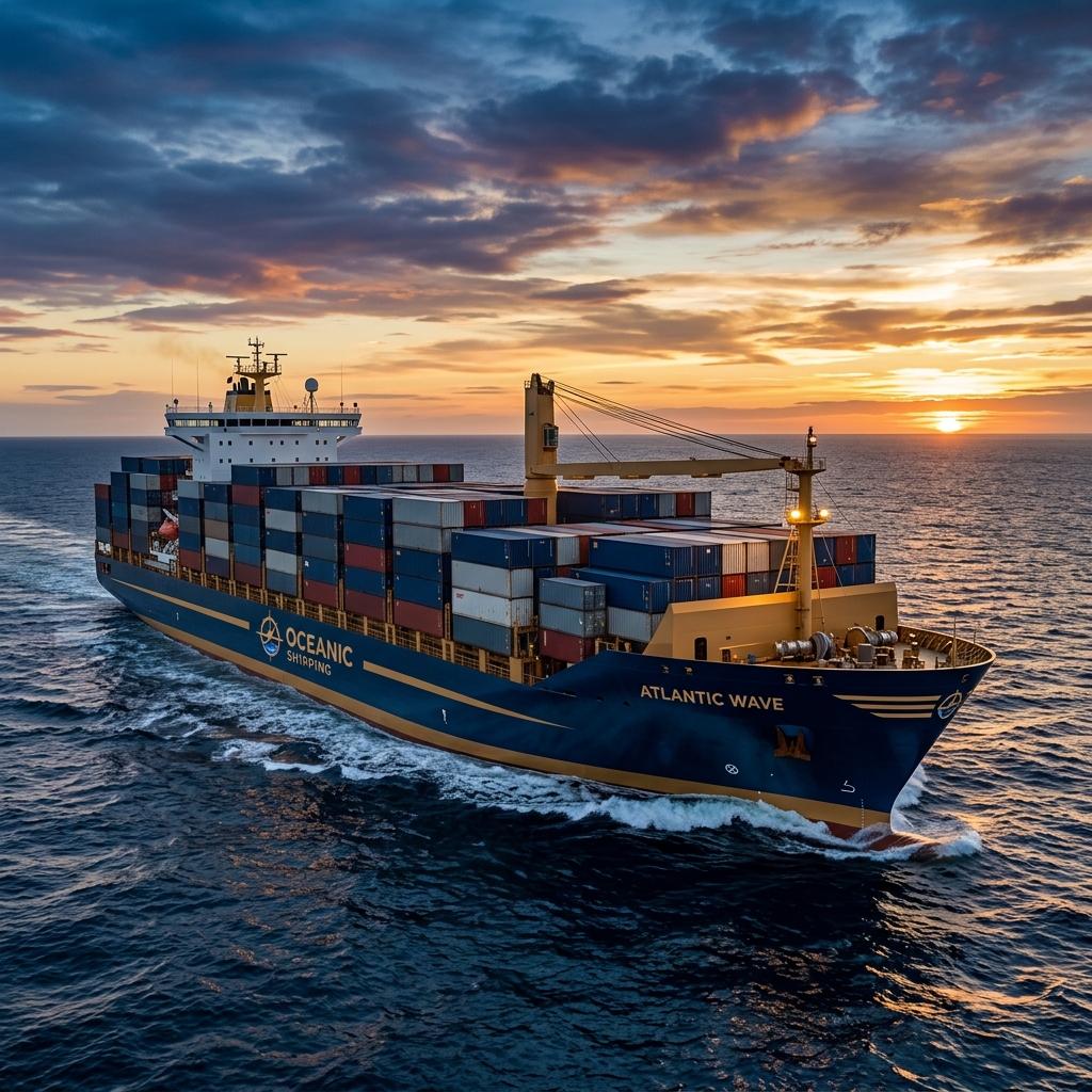 Commercial cargo container ship at dusk